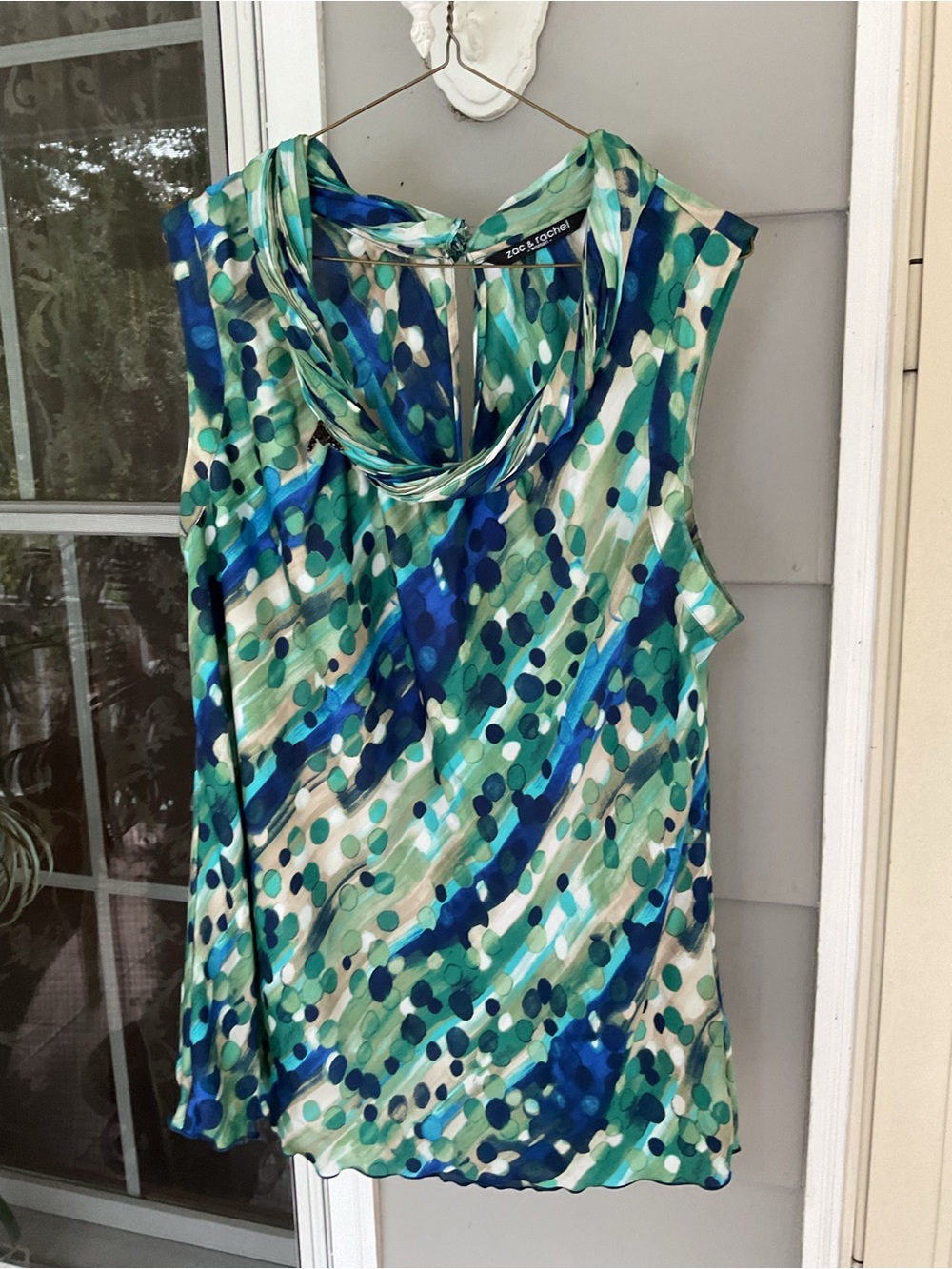 Zac & Rachel Top Womens 2X Green Blue Abstract Polka Dot Fabric Rolled Neck EUC